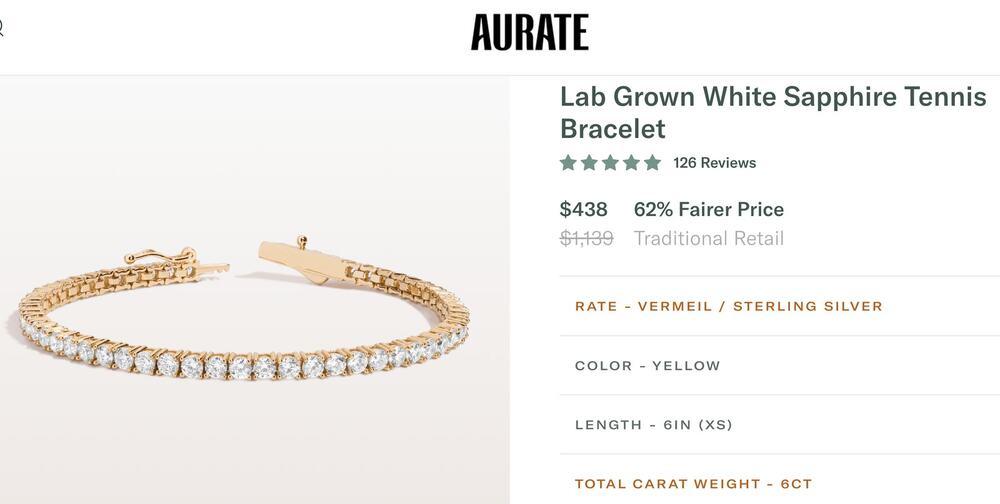 Aurate New York White Sapphire Tennis Bracelet Gold Vermeil 925 Silver 6in NEW